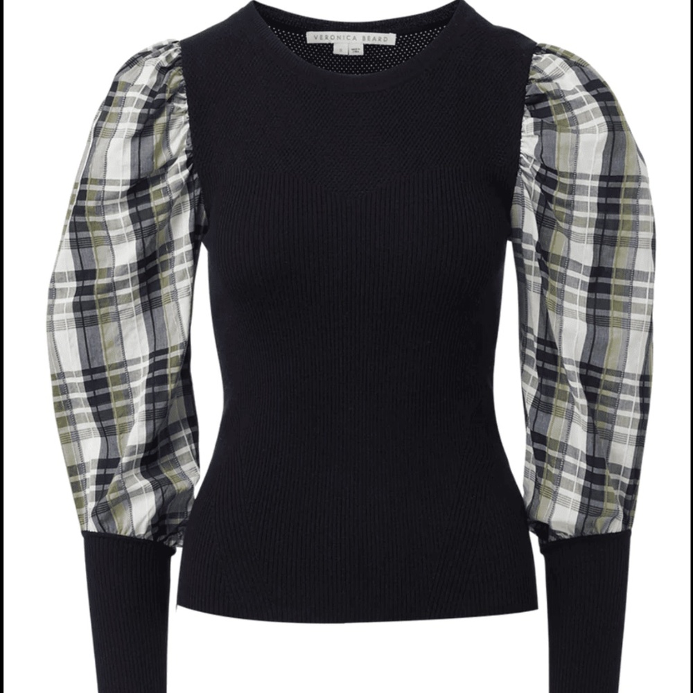 VERONICA BEARD Leila Wool Rib-Knit Plaid Puffed Sleeve Top Sweater